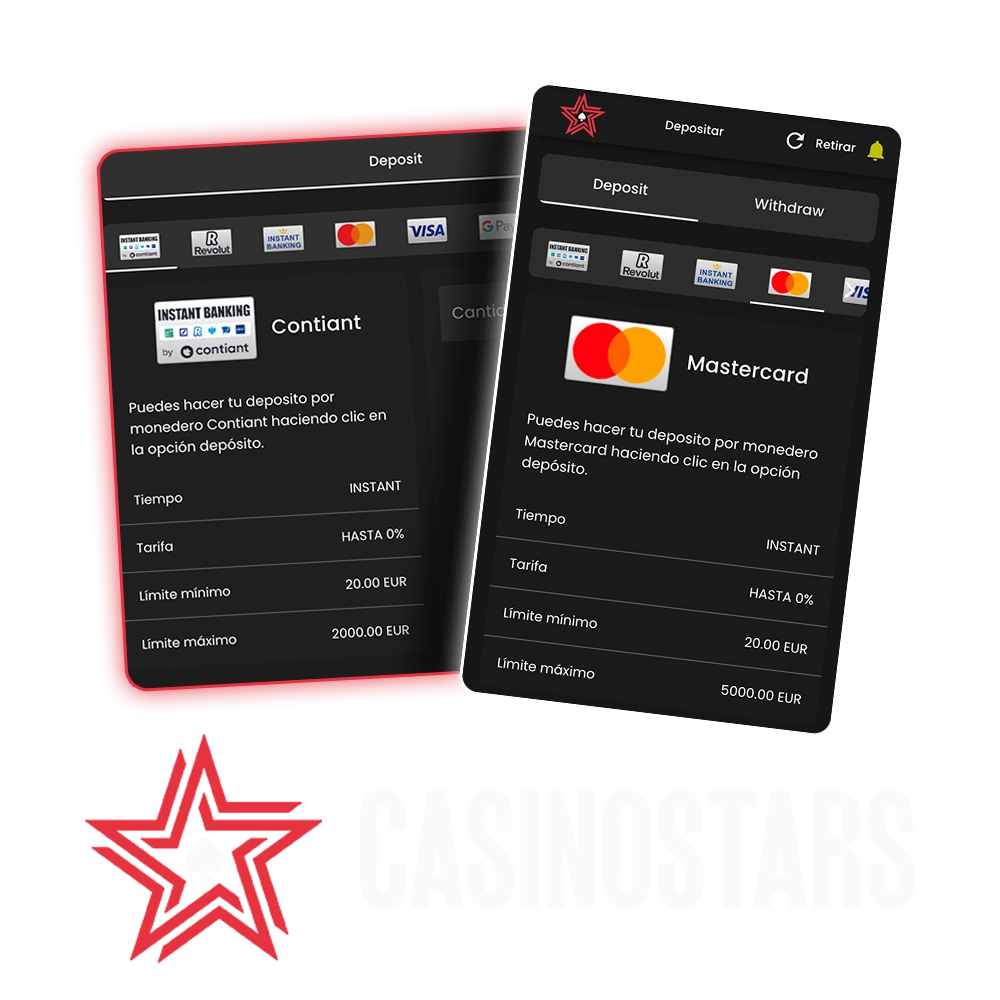 Utilice métodos de pago instantáneos para empezar a jugar en Casinostars.