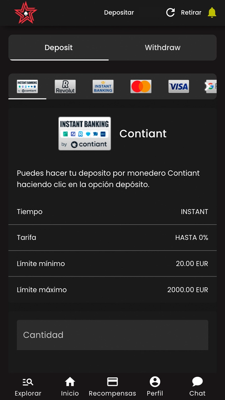 Rellene su cuenta en la página de depósito de Casinostars.