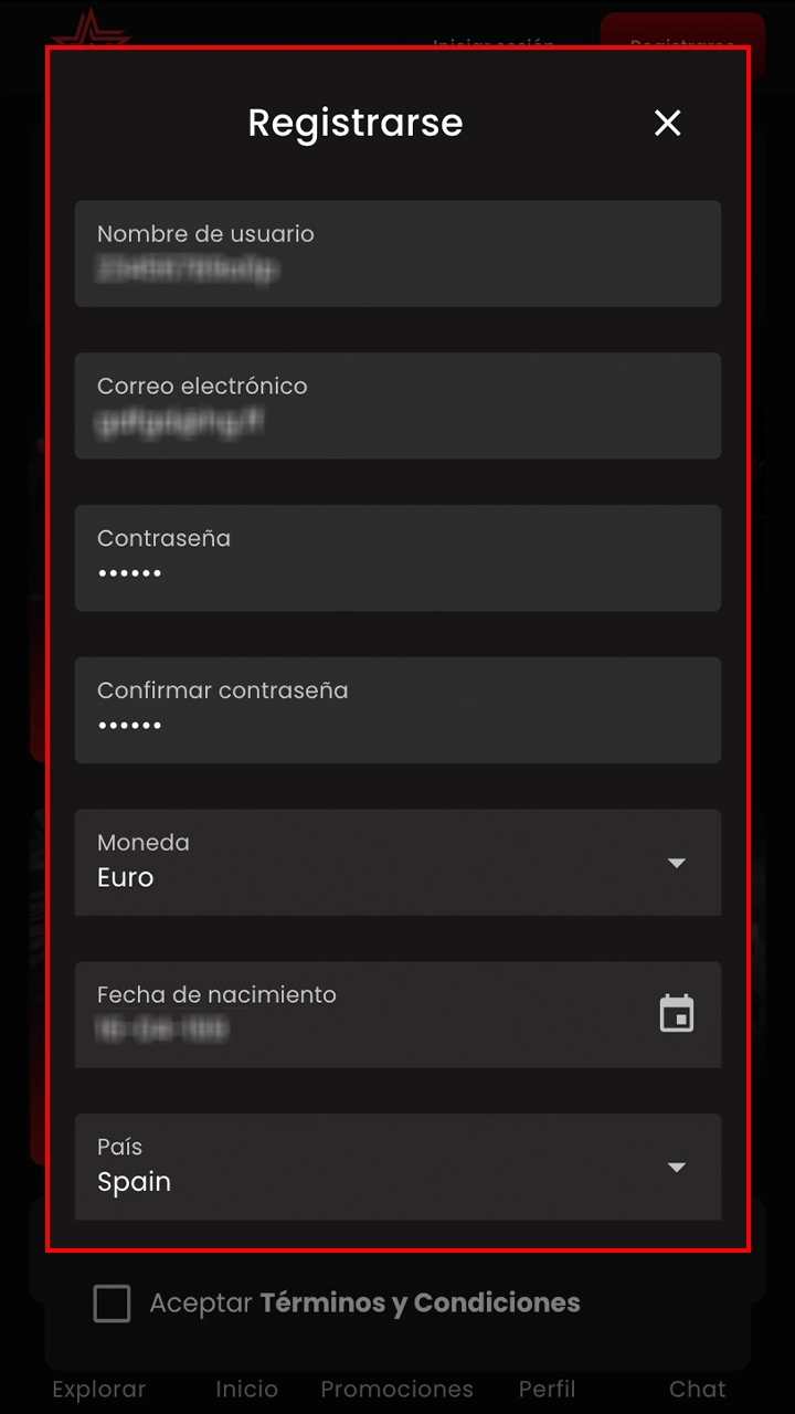Rellene los campos obligatorios para registrarse en Casinostars.