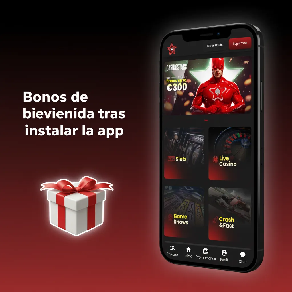 Bonos de bienvenida tras instalar la app: 100% hasta 300€ tras verificación; slots, ruleta en vivo y apuestas. España.