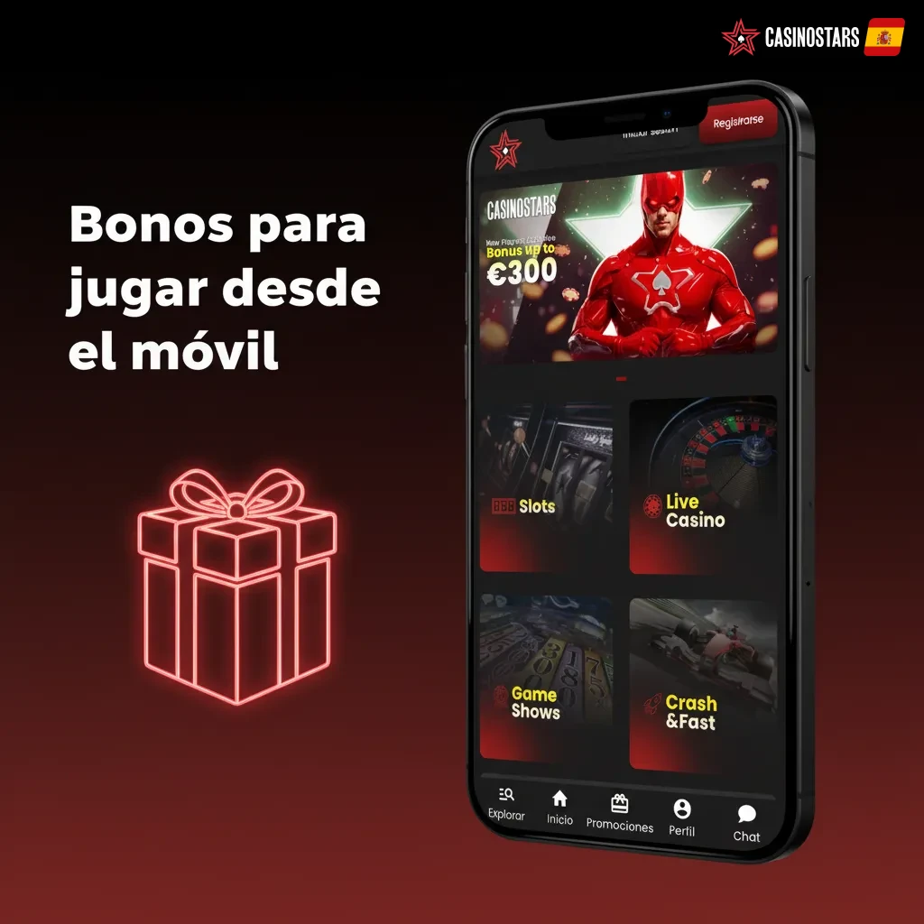 Móvil con app de apuestas mostrando bonos: bienvenida 100% hasta 300€, recargas y freebet; condiciones en Promociones.