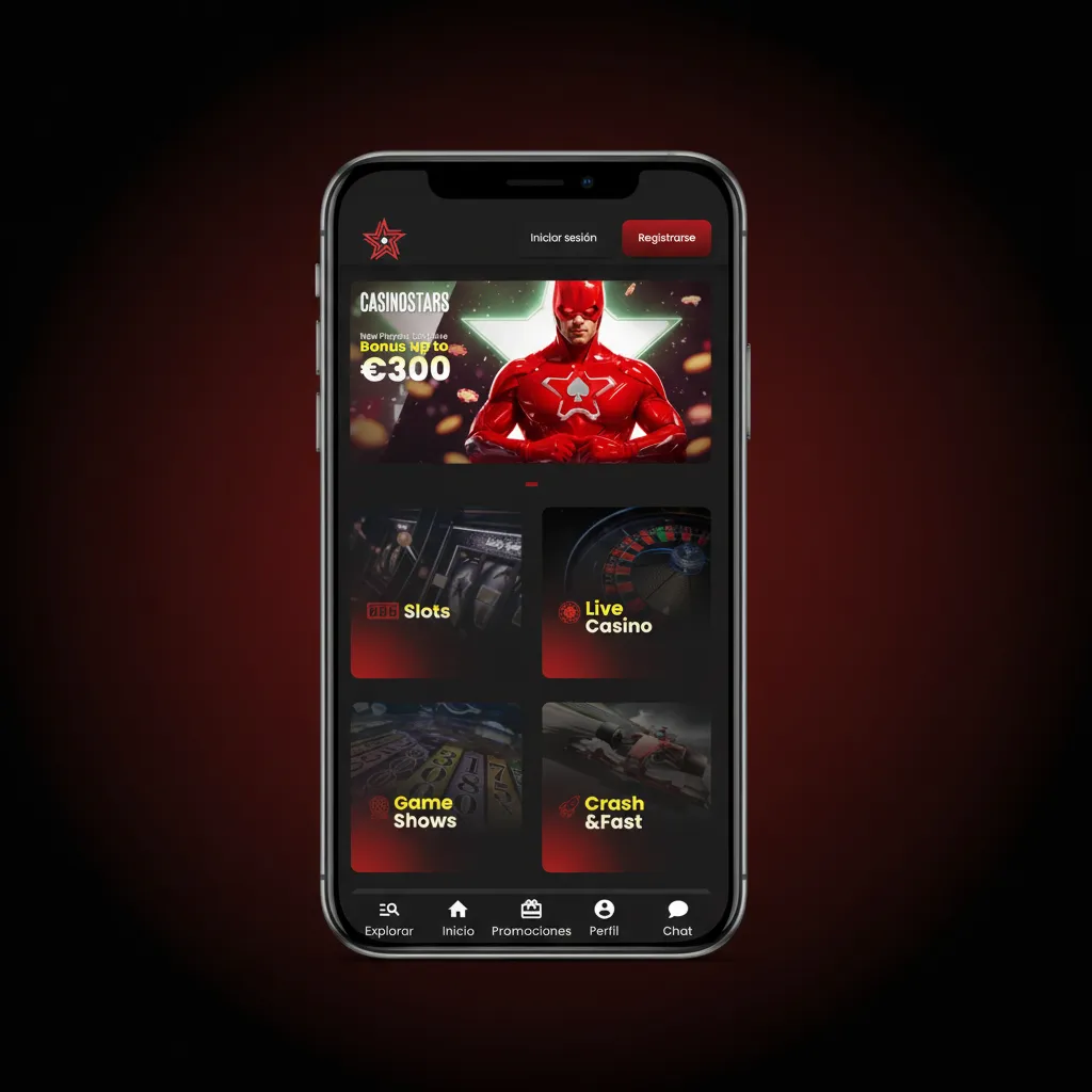 Interfaz de la app Casinostars con diseño limpio, navegación por pestañas, búsqueda rápida y acceso rápido a ticket y cajero.